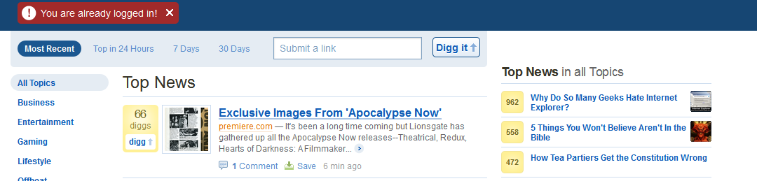 Digg Already Logged In Error